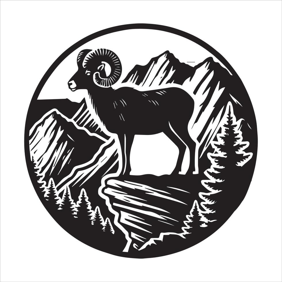 Bighorn Sheep Silhouette in Rugged Mountain Terrain vector