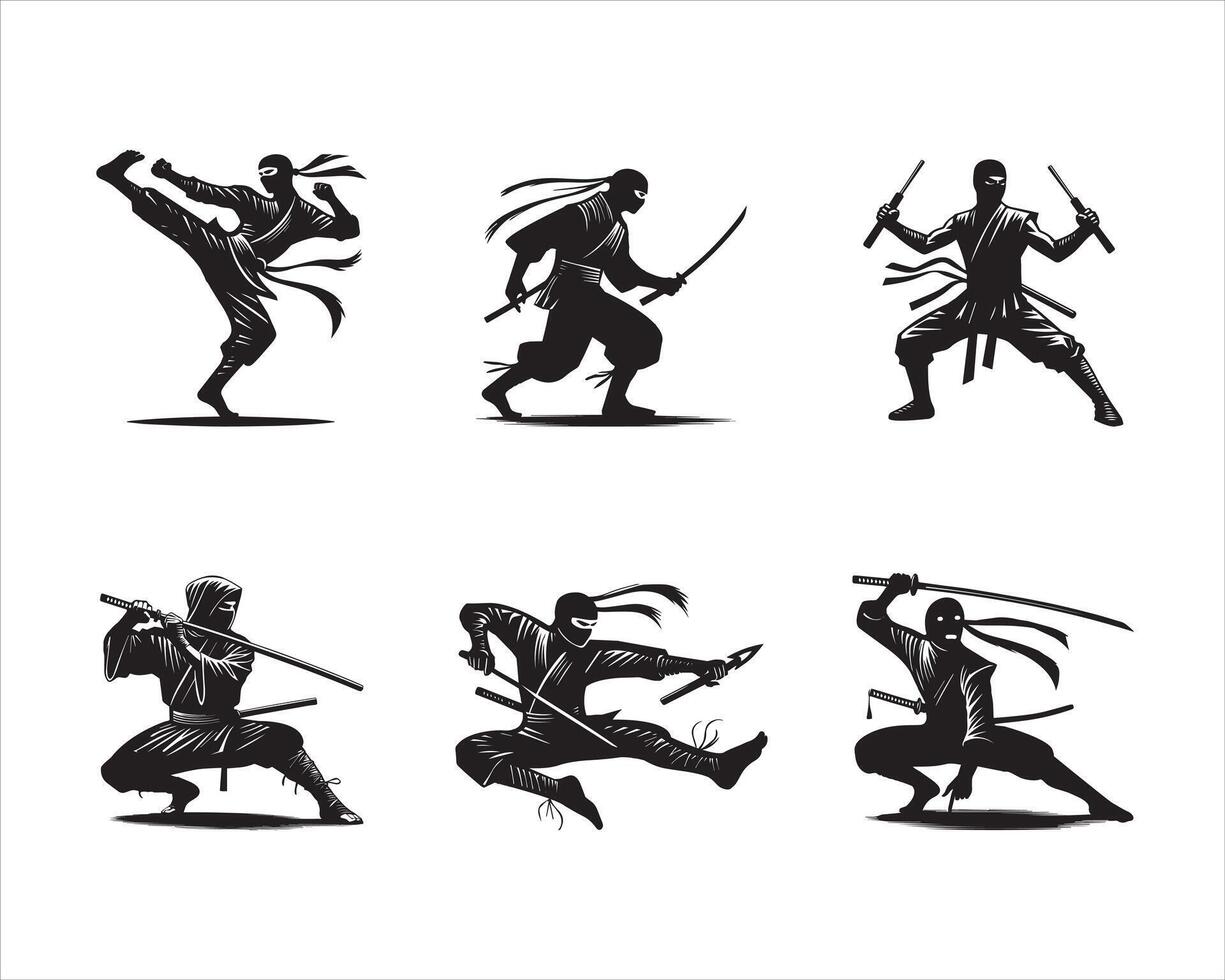 Ninja Warrior Silhouette Clipart illustration Bundle vector