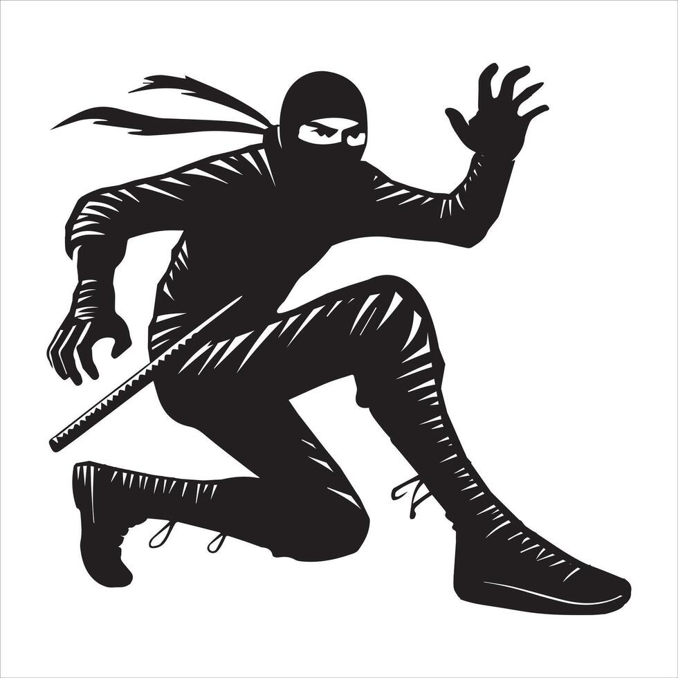 Ninja Warrior Silhouette Clipart Striking Action Pose vector