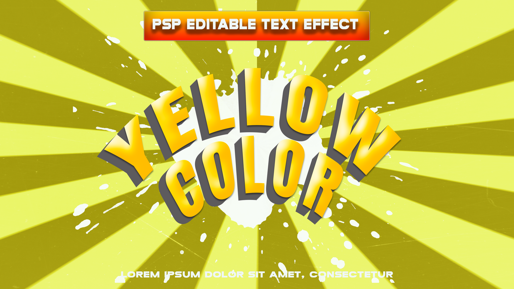 a yellow text effect with a sunburst background psd