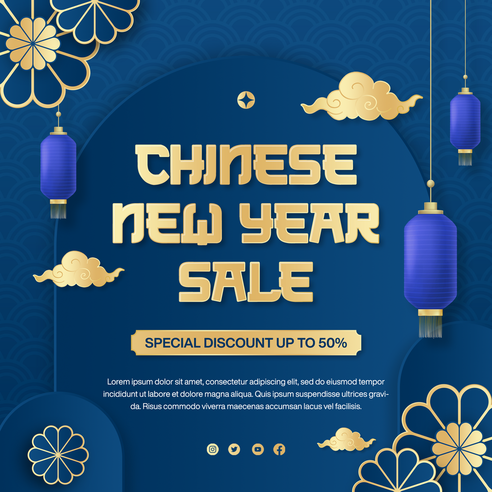 Chinese New Year Sale banner for social media post template with blue and gold background psd