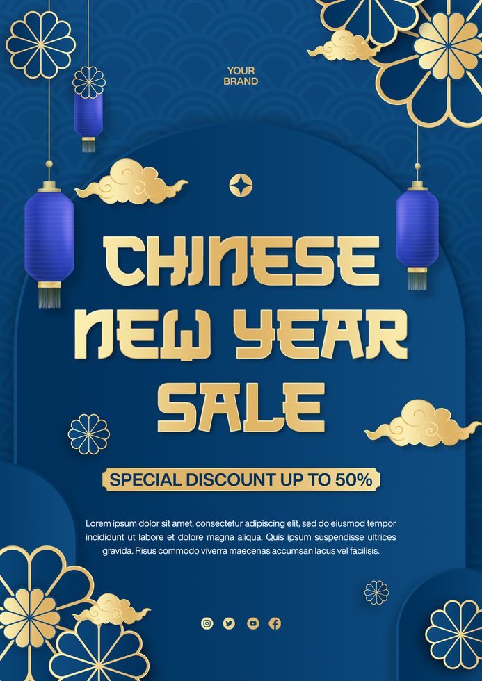 Chinese New Year Sale banner for flyer template with blue and gold background psd