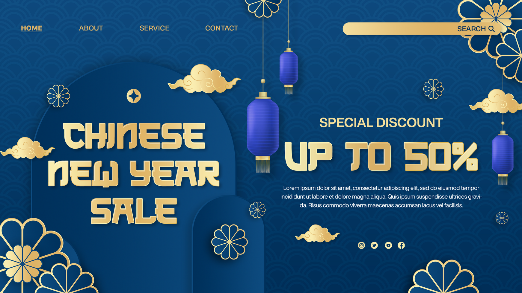 Chinese New Year Sale banner for landing page template with blue and gold background psd