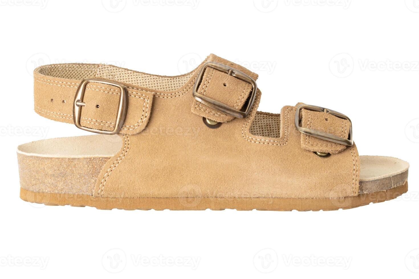 Side View of Tan Suede Sandal with Buckles photo