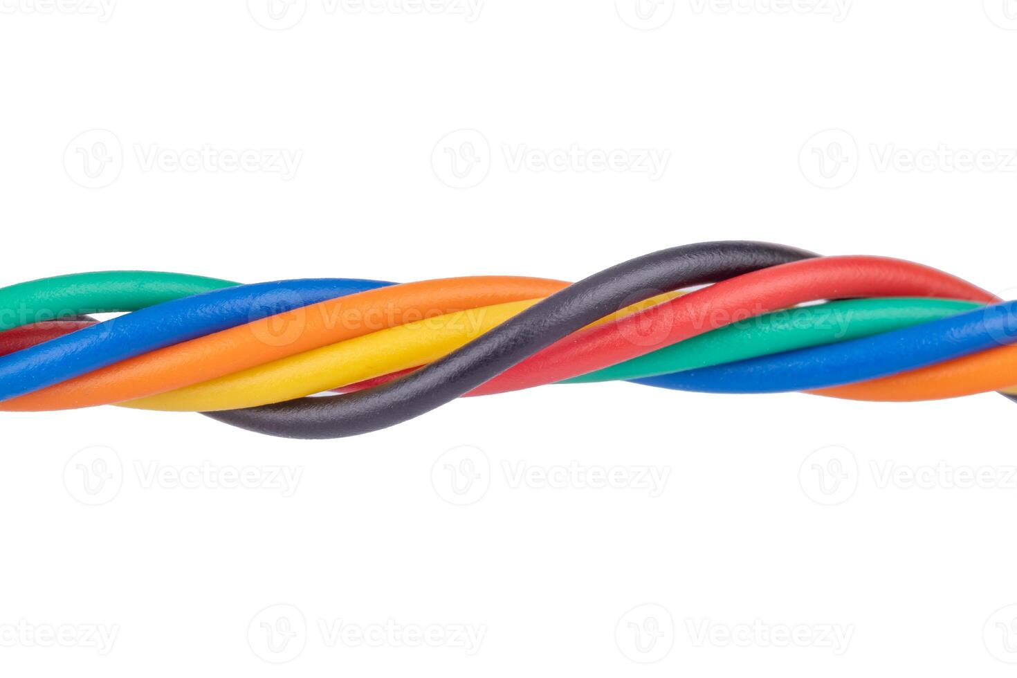Twisted multicolored insulated wires close up photo