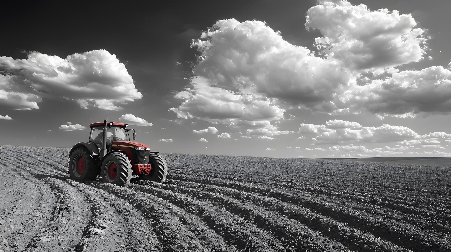 Tractor tilling soil in countryside farm agriculture action scene wide angle perspective with dramatic cloudy sky photo