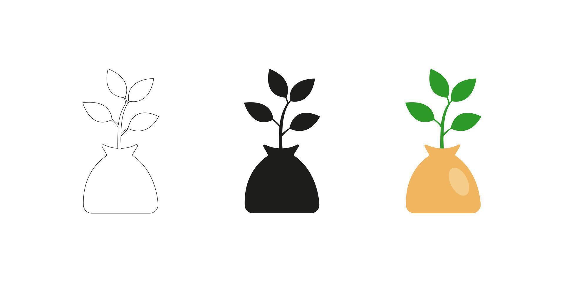 Three Styles of Plant Illustration - Editable Stroke Outline, Silhouette, and Colorful Design Representation of Plant Growth vector