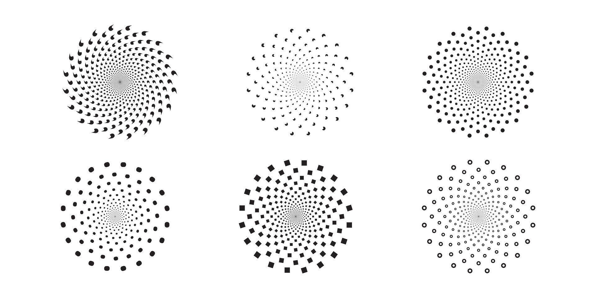 Set of dotted abstract shapes. Circular halftone patterns. Half tone design elements in geometric tech style for logo, banner, web page, print, poster, business cards. vector