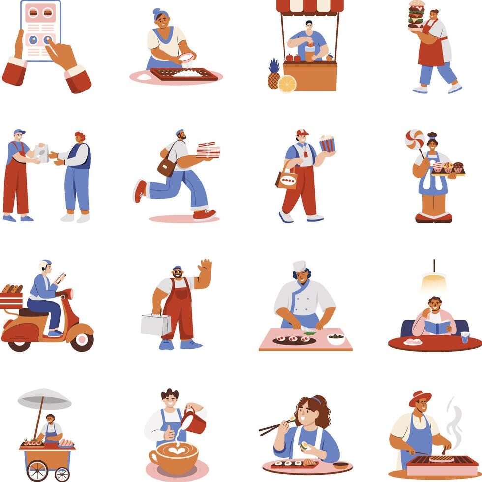 Collection of Flat Style Food Delivery Illustrations vector