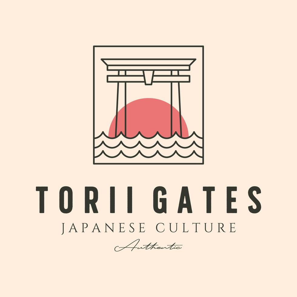 line art torii gate logo symbol with sunset illustration design, japanese culture design vector