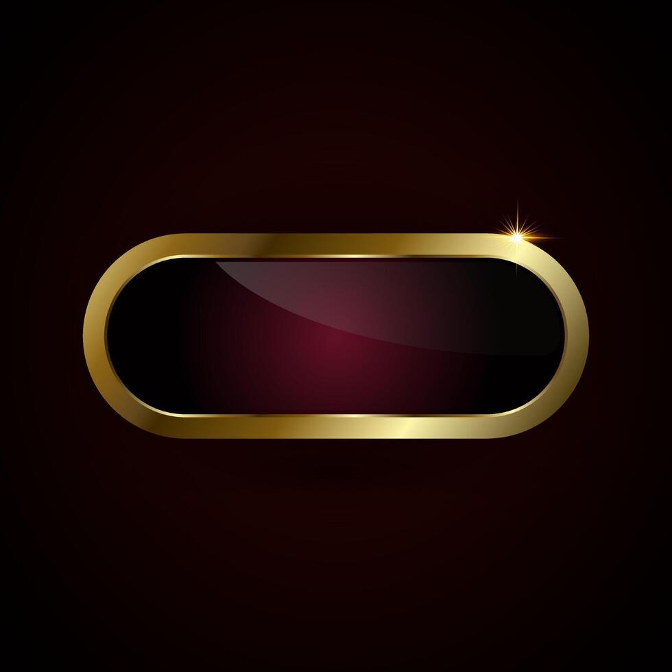 A luxury red plate button of ellipse shape with golden frame illustration. Realistic prmium red button on isolated background, website element, golden glossy label. vector