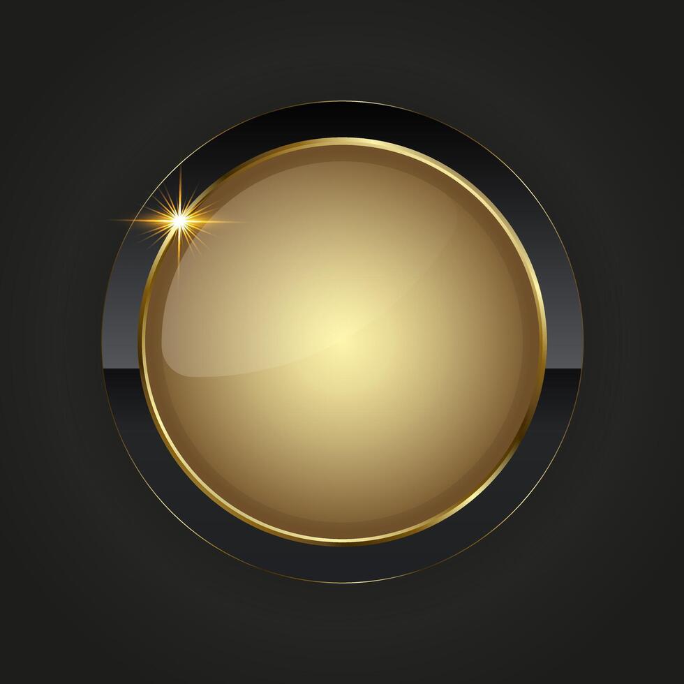 a luxurious circular button design featuring a golden center with a reflective sheen. The button is outlined by a sleek gold border, complemented by a black background vector