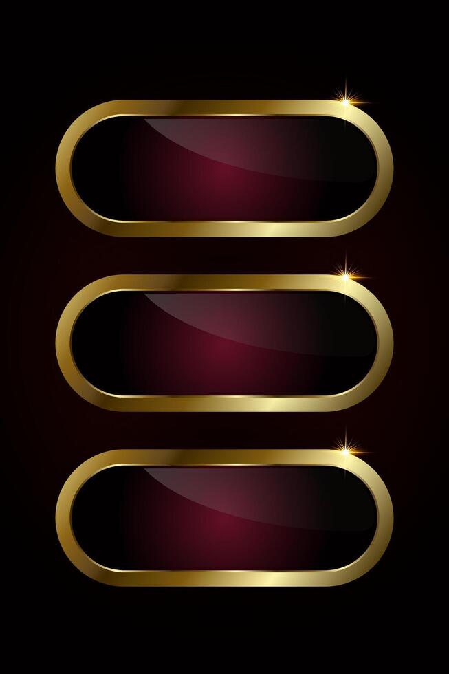 Set of three luxury red plate buttons of ellipse shape with golden frame illustration. 3 option of Realistic prmium red button on isolated background vector