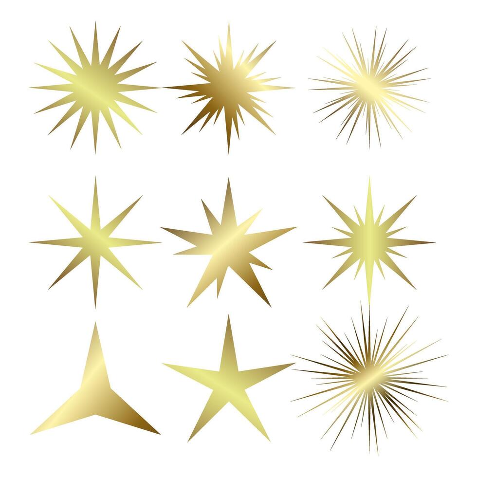 A set of nine unique golden starburst shapes, varying in size, style, and intensity. The designs range from minimal three-point stars to intricate, multi-point bursts with fine details. vector