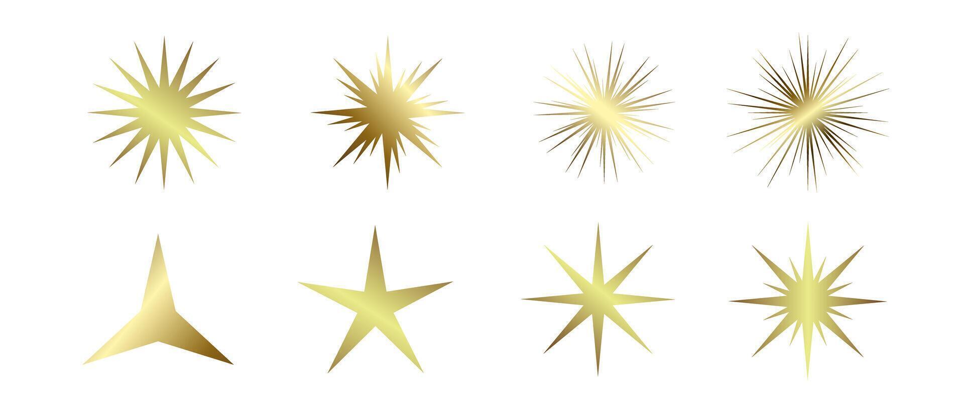 Groups of eight luxury star , a unique golden starburst shapes, varying in size, style, and intensity. 8 stars designs range from minimal three-point stars to intricate. vector