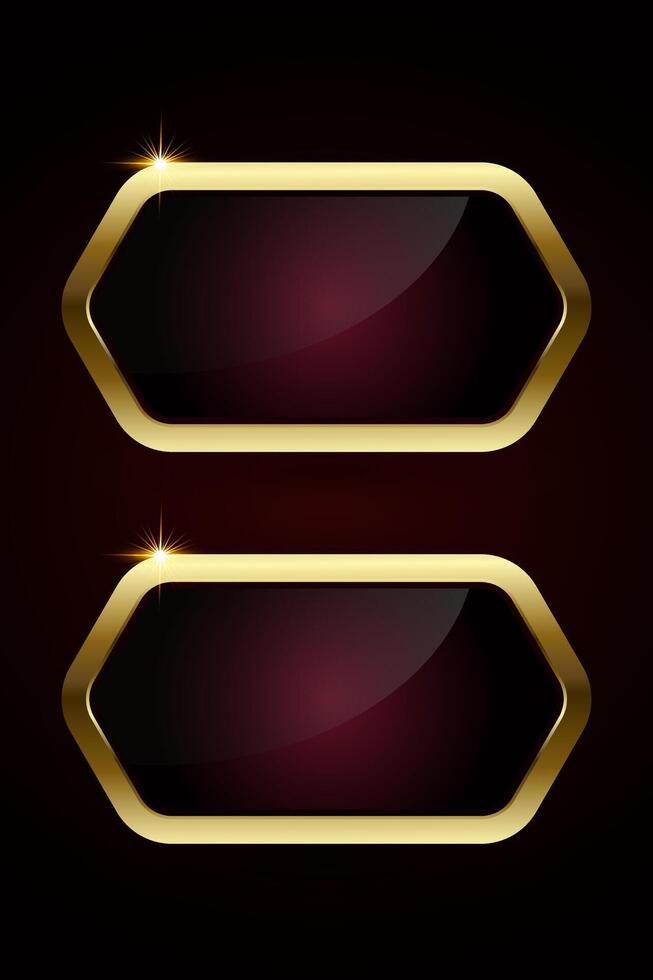 Two buttions of luxury red plate Gold rectangle button isolated on gradient red background. 2 Glossy red golden metallic shape. 3D realistic shiny icon vector