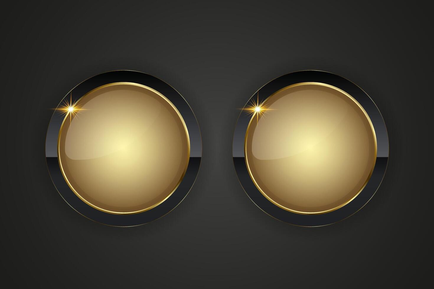Two luxurious circular button design featuring two golden center with a reflective sheen. Double buttons is outlined by a sleek gold border, complemented by a black background. vector