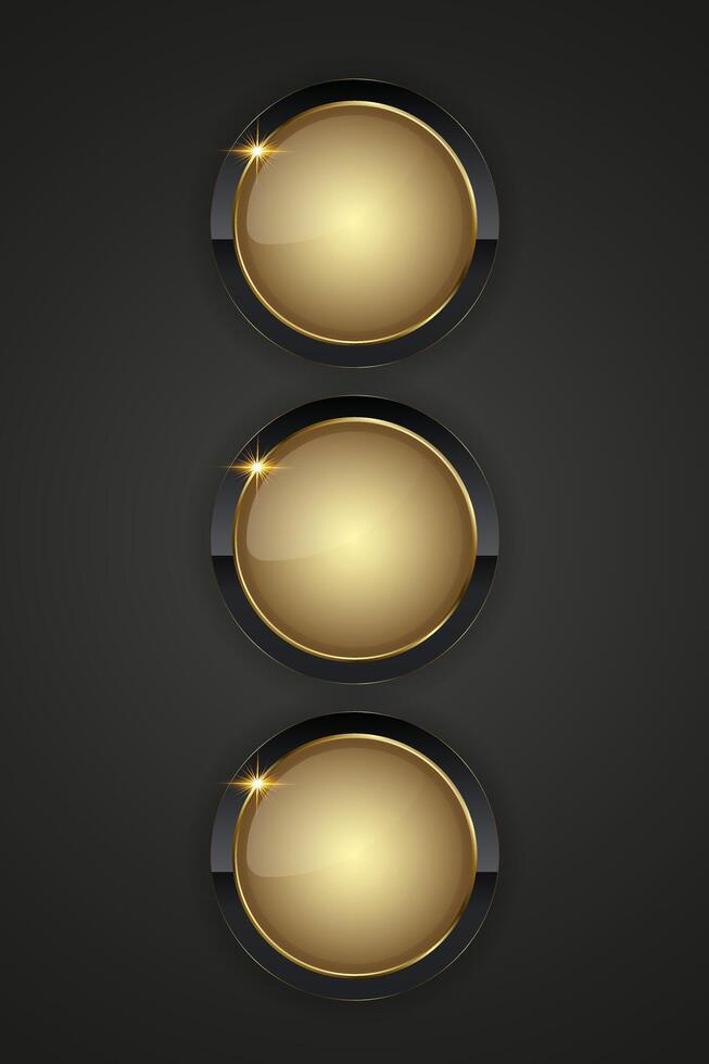 Set of three glowing golden sphere takes center stage, framed by a polished gold rim. The subtle gradient of light on the orb creates a 3D effect, giving it depth and realism vector
