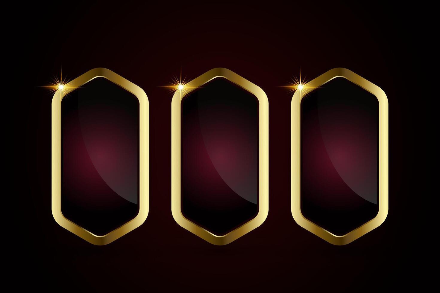 Set of three luxury red plate Gold rectangle buttons isolated on gradient red background. Group of 3 Glossy red golden metallic shape. 3D realistic shiny icons. vector
