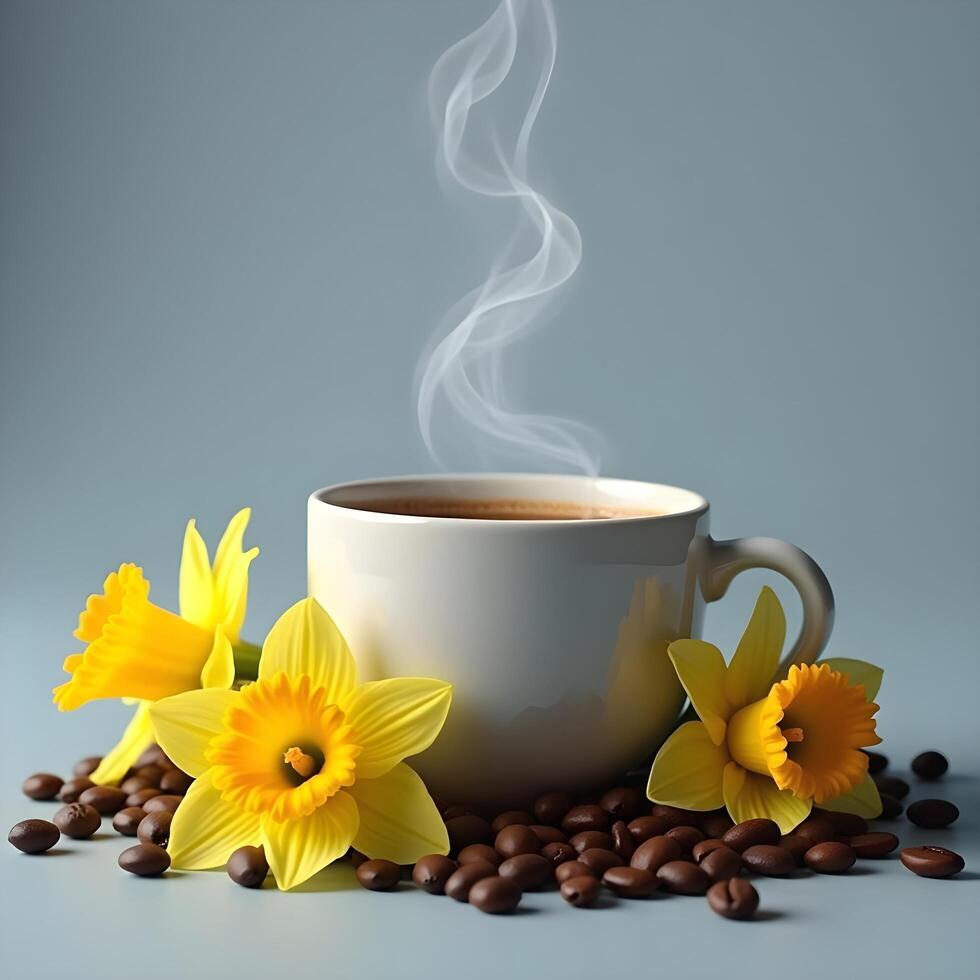 Coffee beans and daffodils on a gray background photo