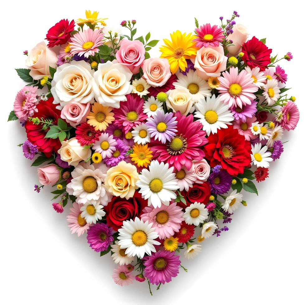 Heart shaped arrangement of flowers on white background photo