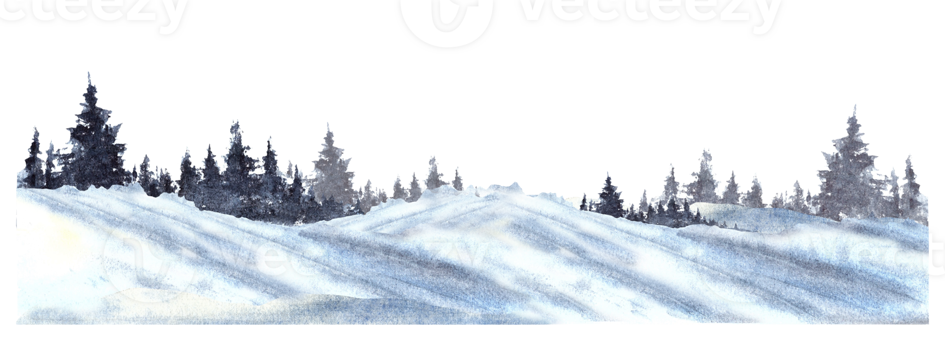 Watercolor Winter Landscape panorama. Snowy Hills, Pine, fir trees and frosty evergreen forest silhouette. Hand drawn watercolor illustration isolated from background clipart for greeting card print. png