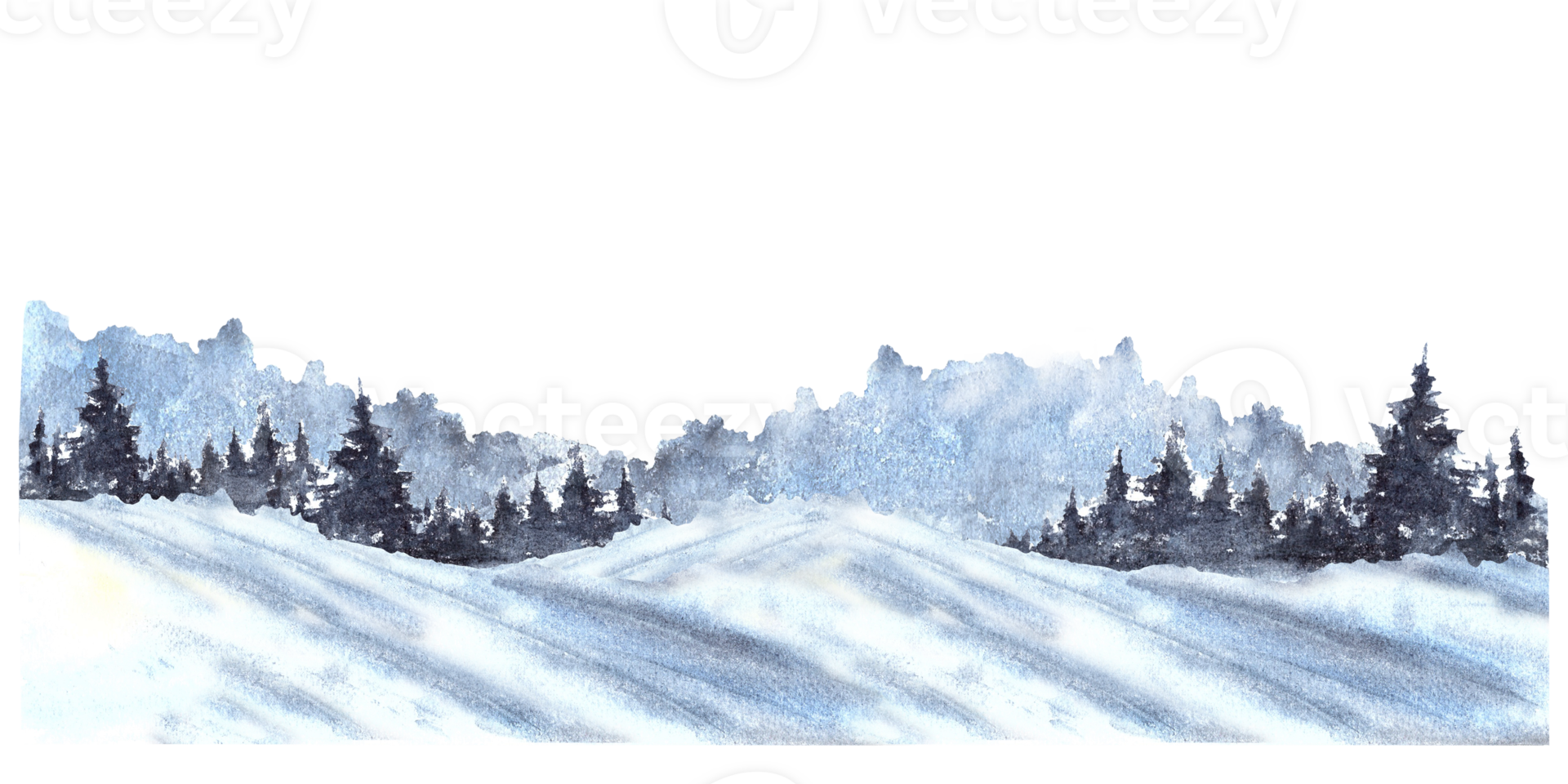 Watercolor Winter Landscape scene. Snowy Hills, Pine, fir trees and frosty evergreen forest silhouette. Hand drawn watercolor illustration. Isolated from background clipart for seasonal holiday card png