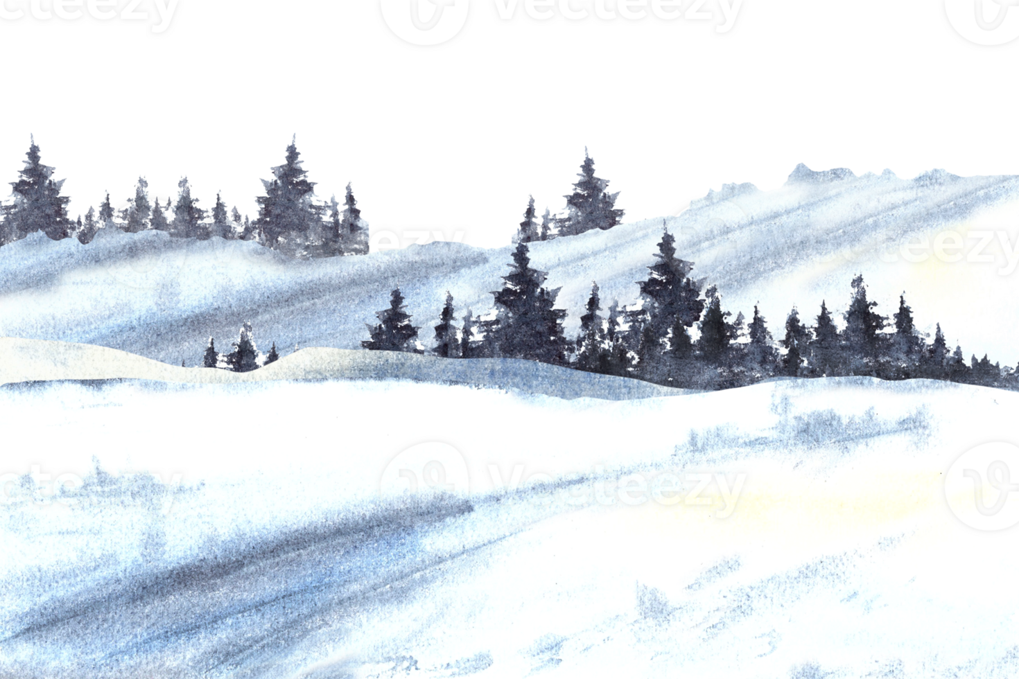 Winter Landscape with Snowy Hills, Mountains, Pine, fir trees and frosty evergreen forest. Hand drawn watercolor illustration. Isolated from the background clipart for seasonal holiday card design. png
