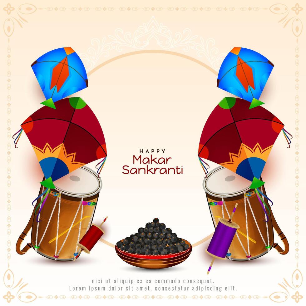 Happy Makar Sankranti Indian festival card with dhol and kites vector