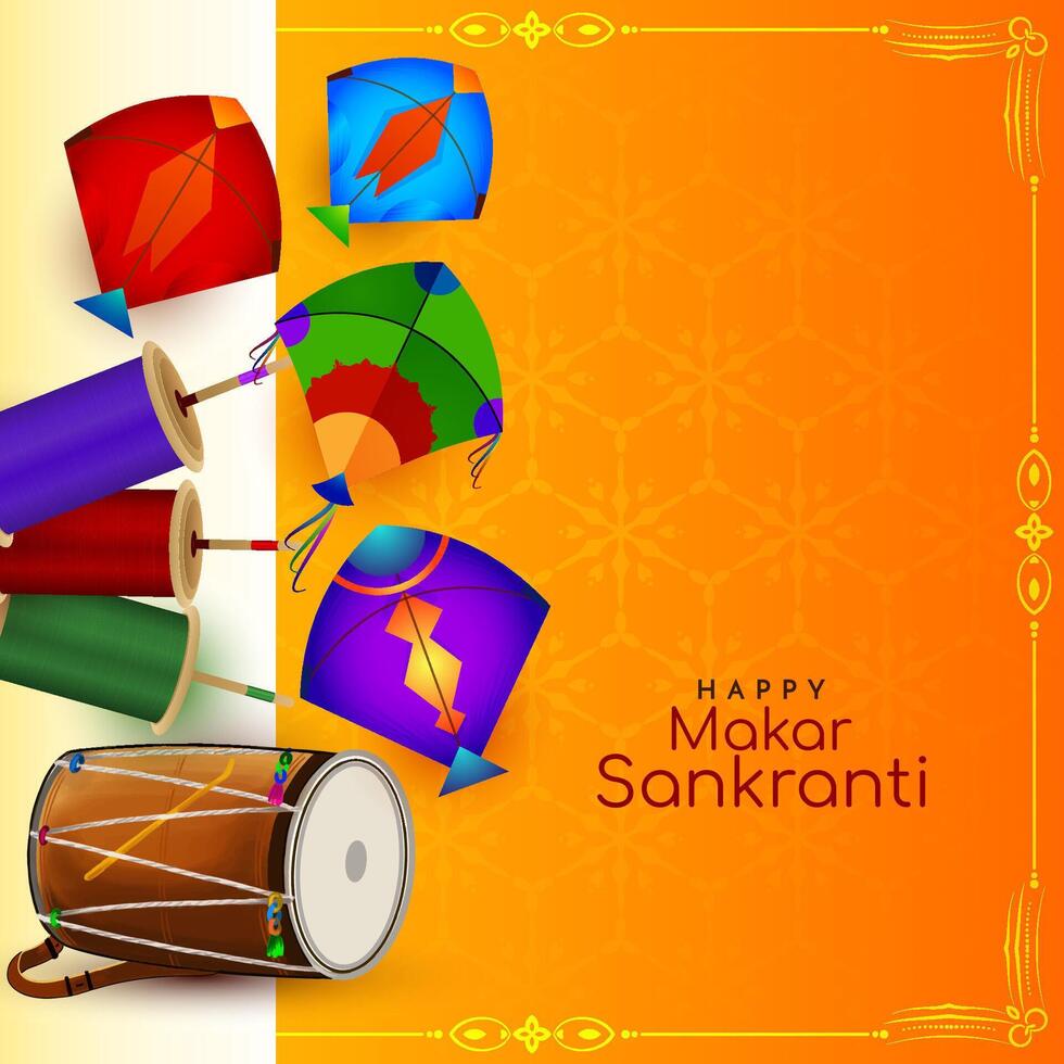 Happy Makar Sankranti Indian kites festival card with dhol vector