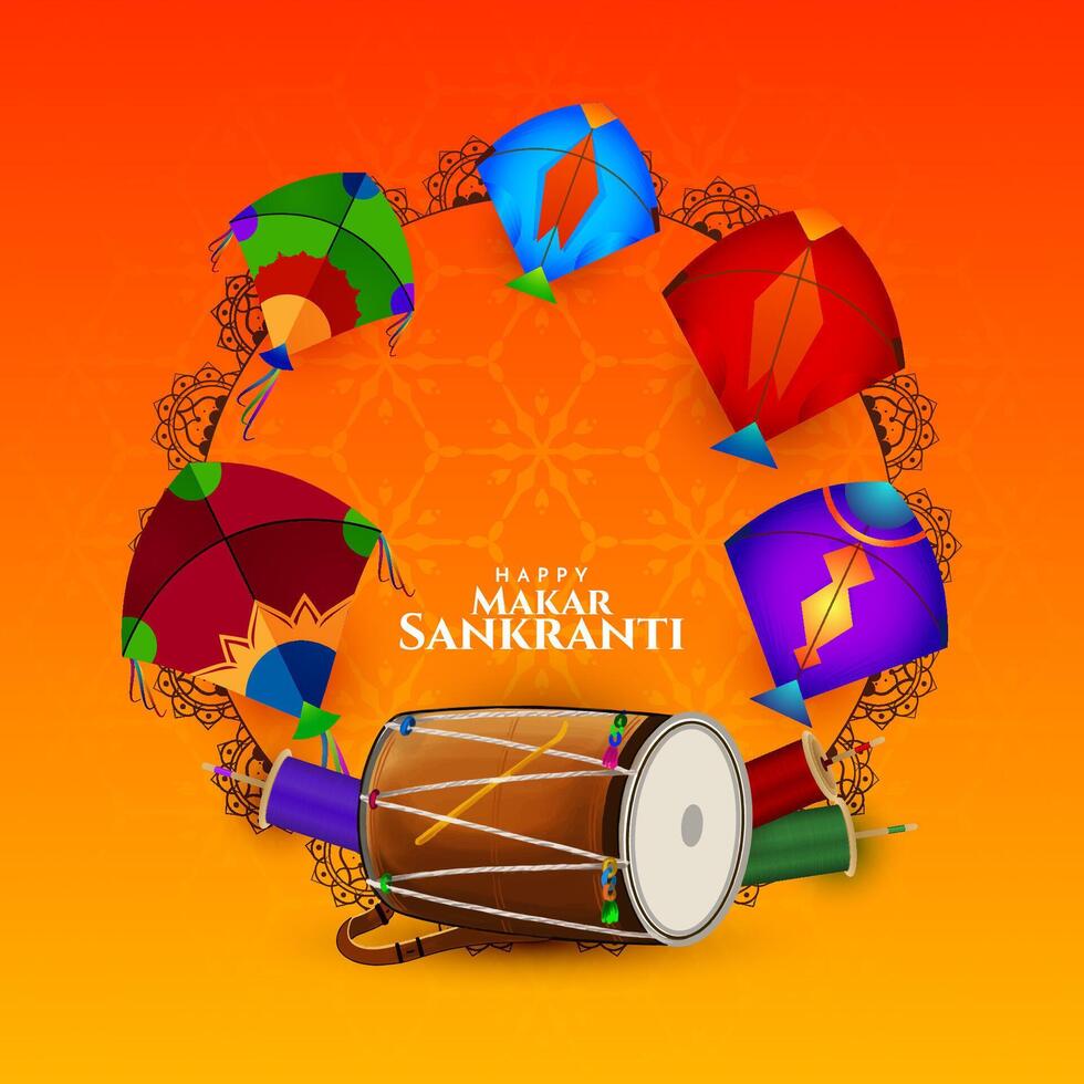 Happy Makar Sankranti Indian festival card with dhol and kites design vector