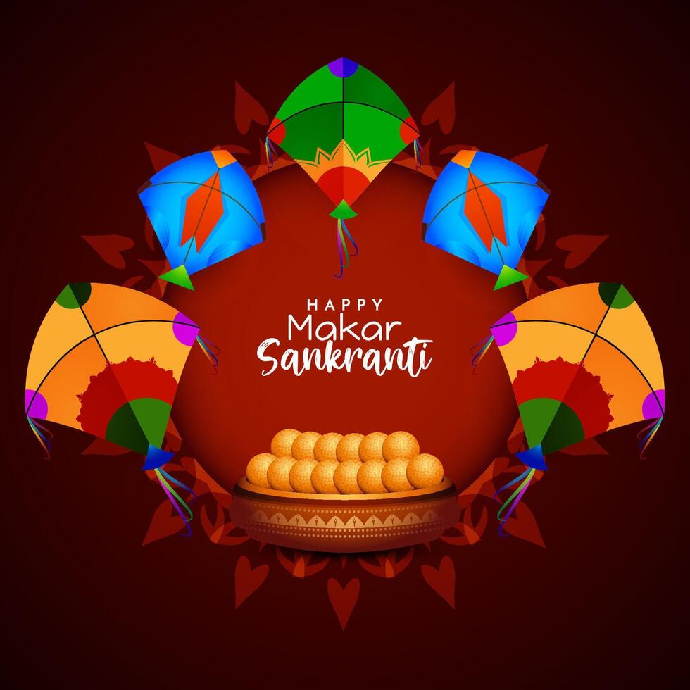 Happy Makar Sankranti Indian festival colorful kites red background vector