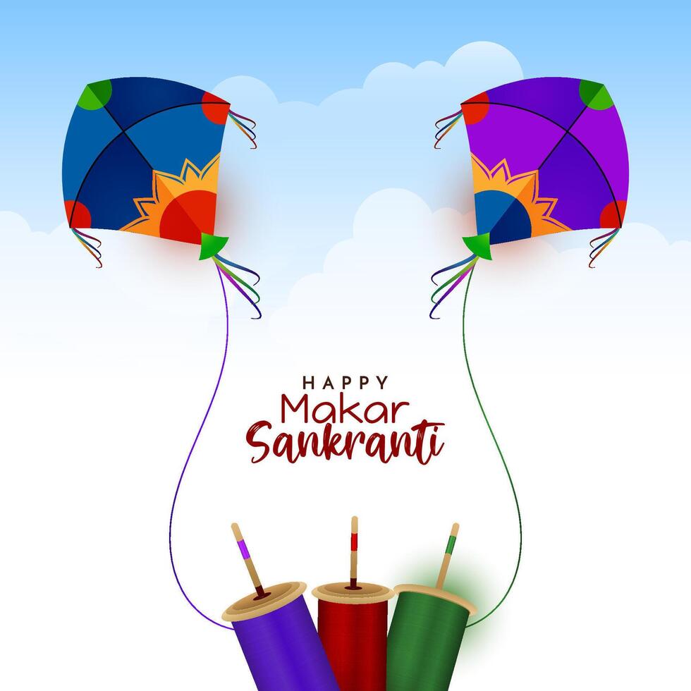 Happy Makar Sankranti festival greeting card with kites in sky vector
