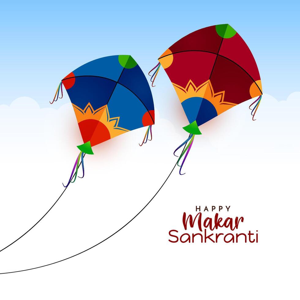Happy Makar Sankranti Indian festival card with kites flying in sky vector