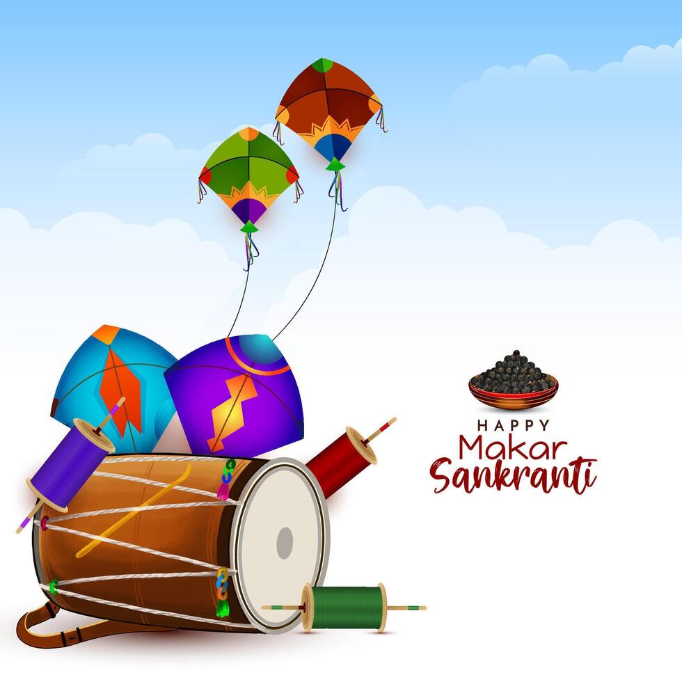 Happy Makar Sankranti Indian festival sky background with kites vector