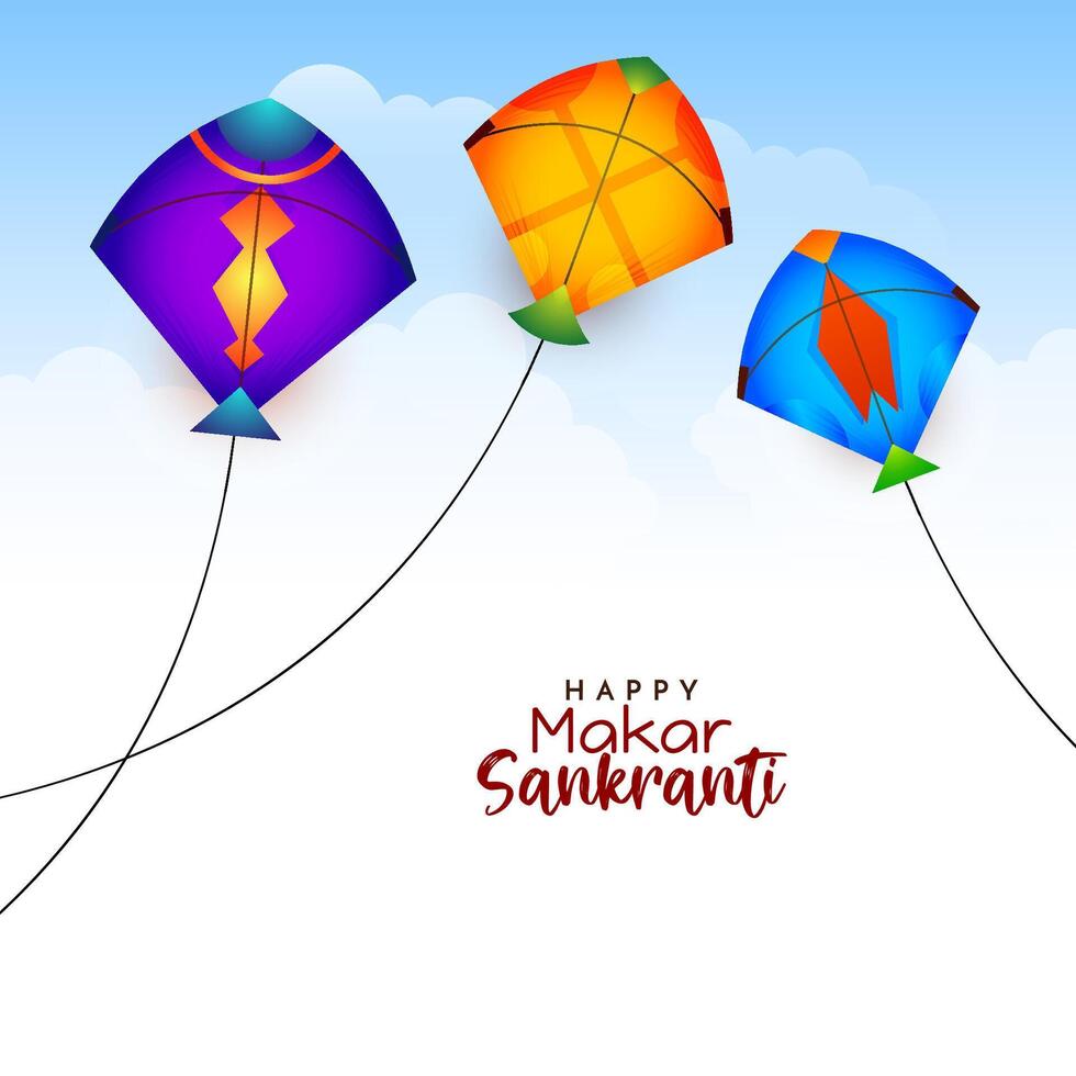 Happy Makar Sankranti festival card with colorful kites in sky vector
