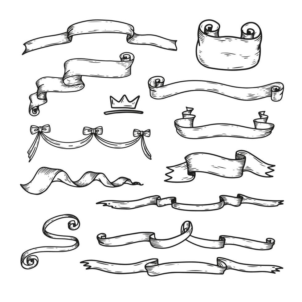 Old ribbon banner set- for decoration, scrapbook and design. Line art vintage drawing element vector