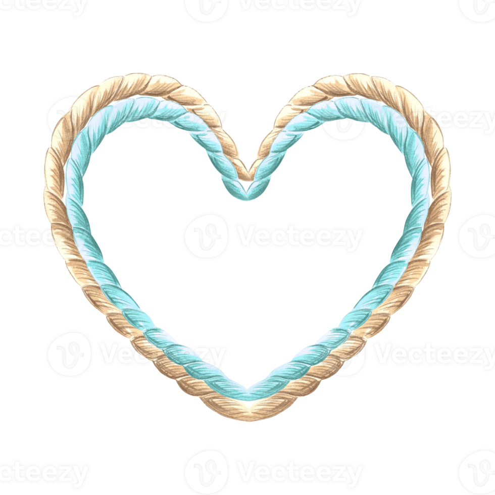 Frame from rope in heart shape. Hand drawn watercolor illustration isolated. Marine border made of cord. Empty space for text. Romantic string garland. Nautical template for card, textile, logo, print png