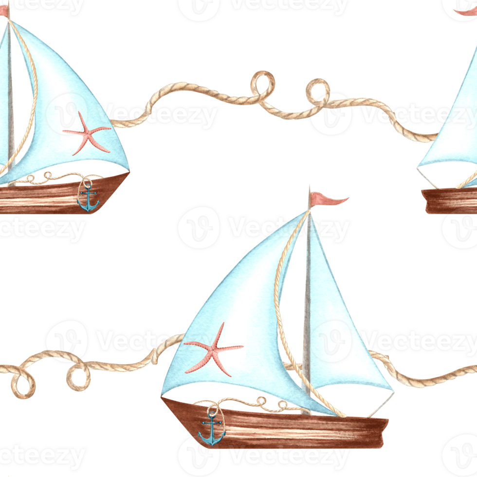 Sailboat with starfish and ropes. Marine seamless pattern. Hand drawn watercolor illustration. Yacht with sail and flag, ship. Sea travel, nautical stile design. Template for wallpaper, textile, cover png