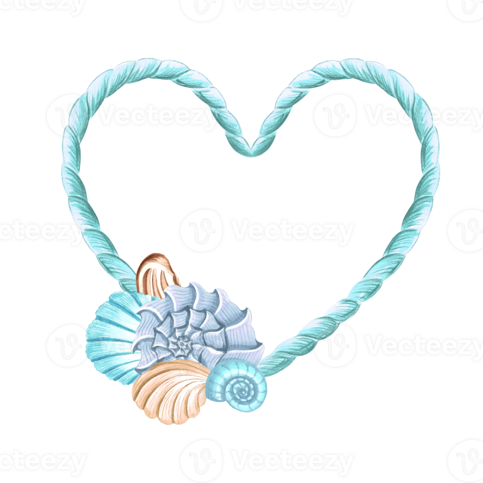 Frame from blue rope in heart shape with seashells. Hand drawn watercolor illustration isolated. Marine border with copy space. Romantic string garland. Nautical template for Valentine, card, textile. png