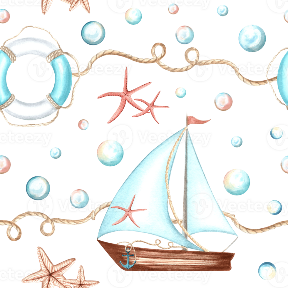 Sailboat with lifebuoy, starfishes and bubbles. Marine seamless pattern. Hand drawn watercolor illustration. Ship with sail and rope. Sea travel, nautical stile. Template for wallpaper, textile, cover png