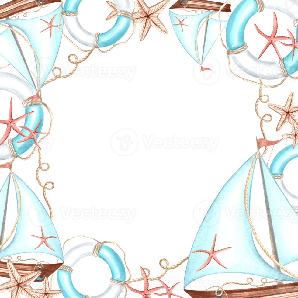 Sailboat and lifebuoy with ropes and starfishes. Hand drawn watercolor illustration isolated. Template nautical postcard with copy space. Cartoon ships. Marine square border for packaging, invitation. png