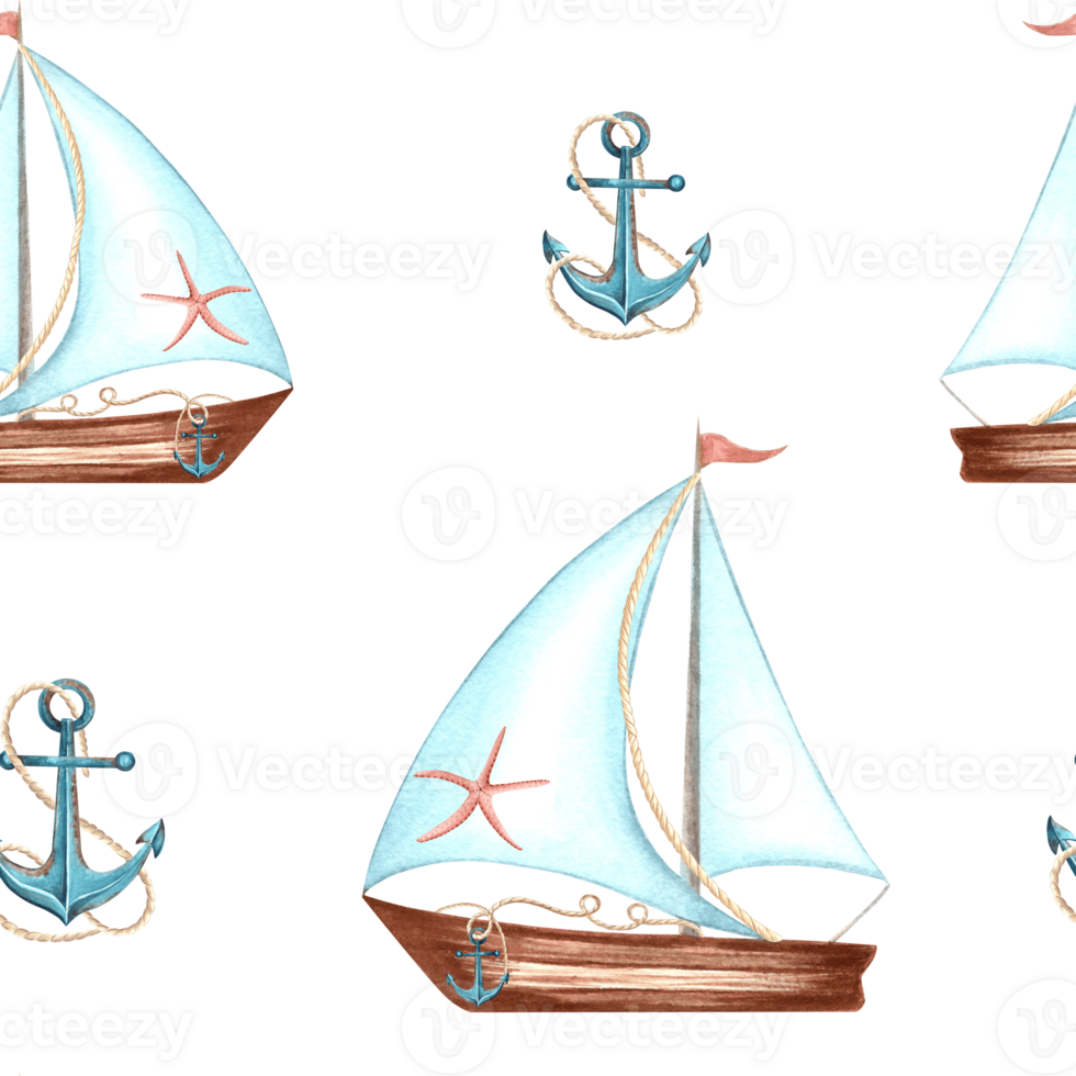 Sailboats with starfishes and anchors with ropes. Marine seamless pattern. Hand drawn watercolor illustration. Yacht with sail and flag, ship. Nautical design. Template for wallpaper, textile, cover. png