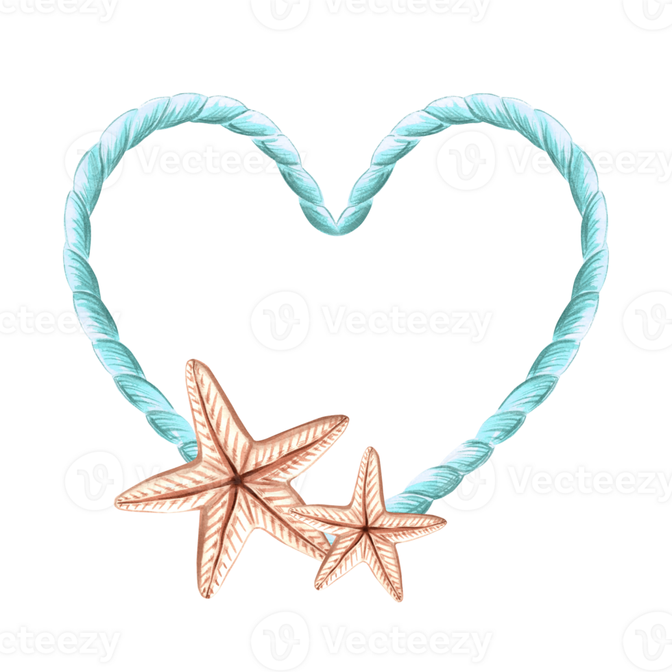 Frame from blue rope in heart shape with starfishes. Hand drawn watercolor illustration isolated. Marine border with copy space. Romantic string garland. Nautical template for Valentine, card, textile png
