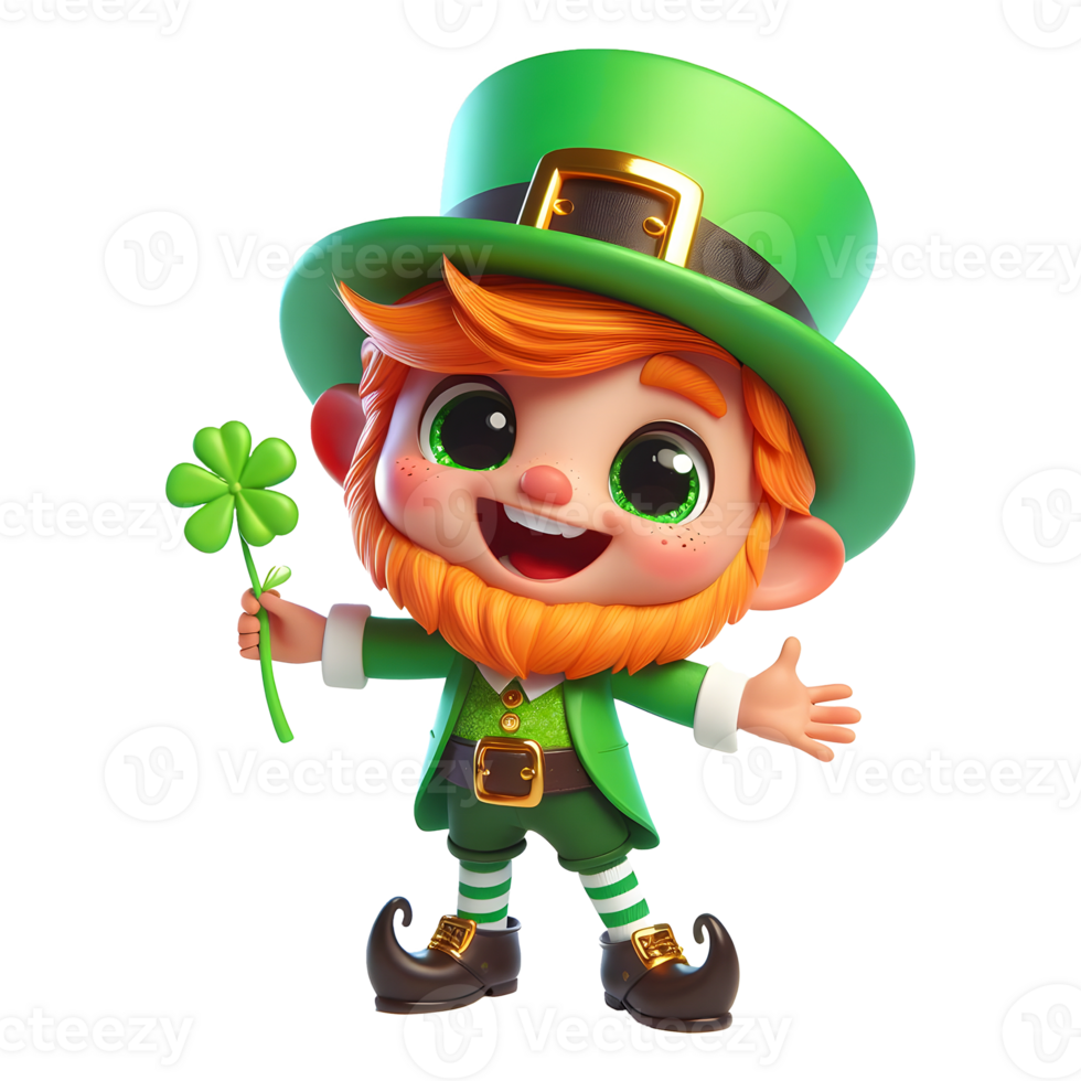 3d render cute standing leprechaun holding plant png