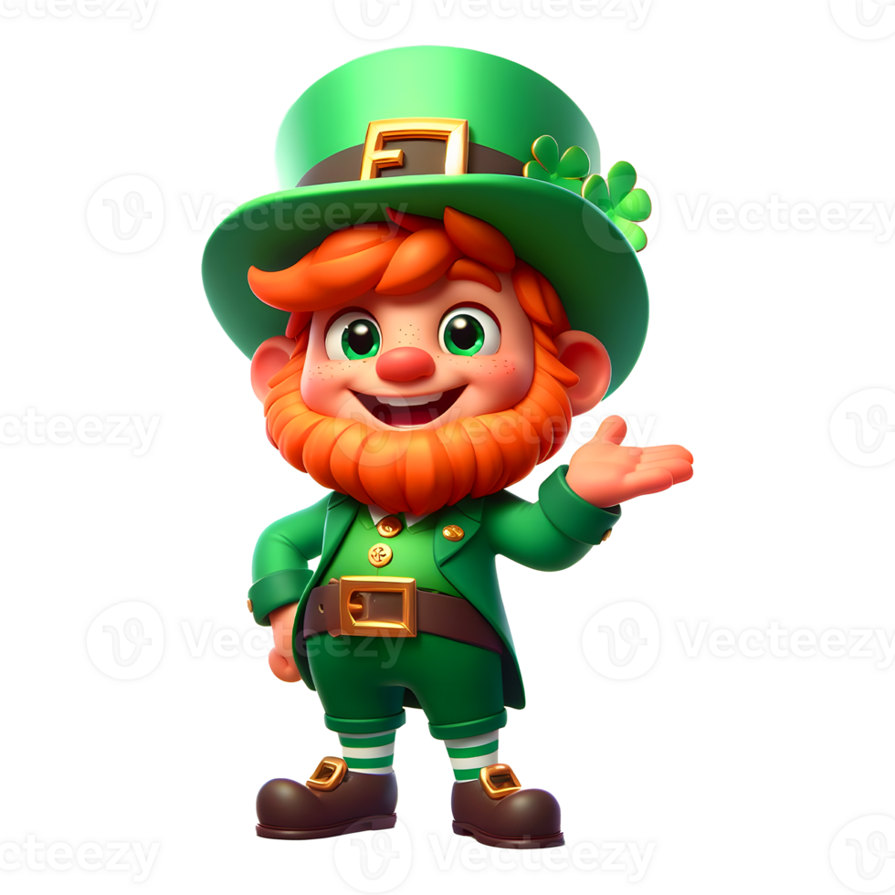3d render cute standing leprechaun one hand open png