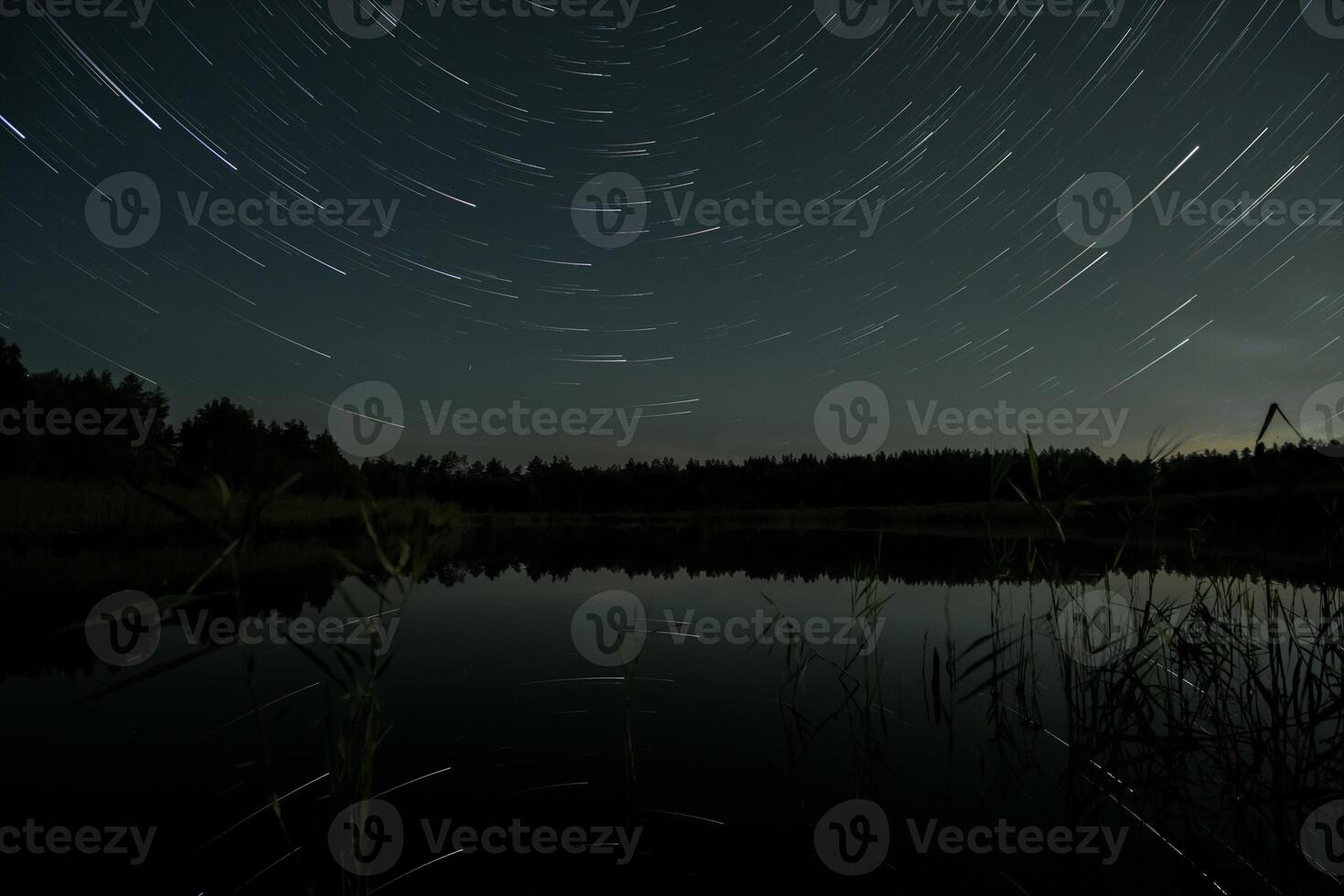In the dark of night, star trails create a mesmerizing display above a calm lake. The still water reflects the light and surrounding trees, enhancing the tranquil atmosphere. photo
