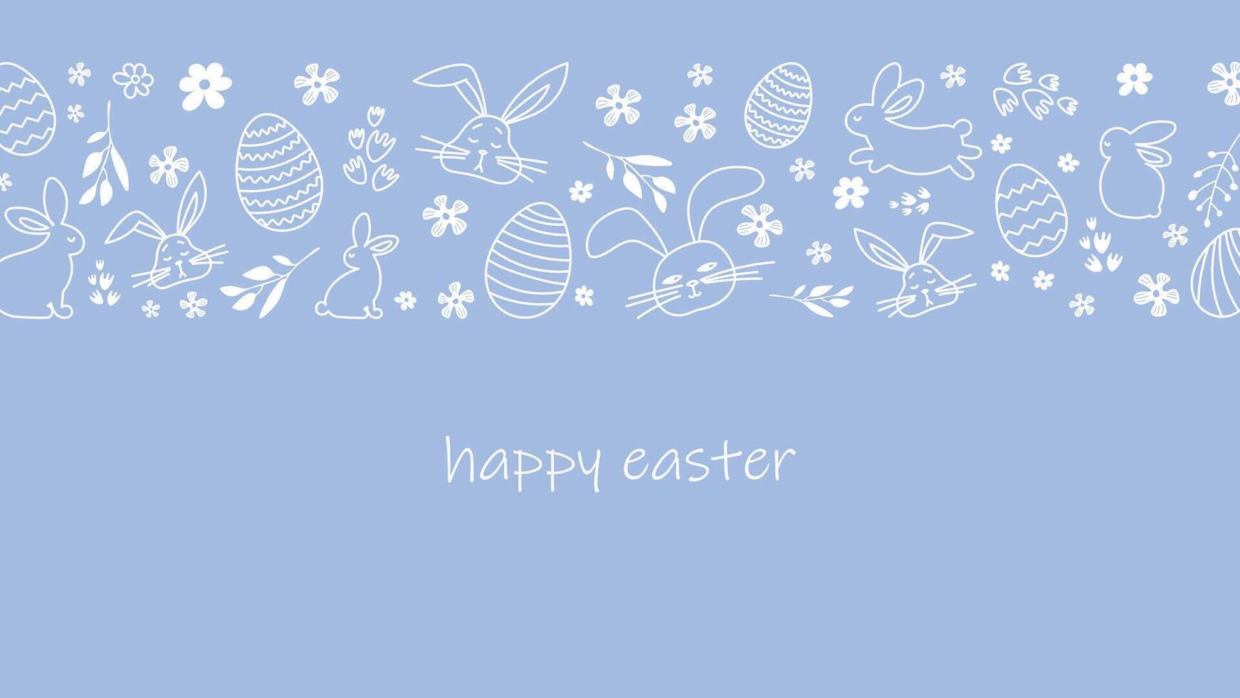 Happy Easter.Greeting card on the theme of the religious holiday. Horizontal banner with hand drawn bunnies, Easter eggs and flowers. Can be used for poster, invitation and preview.lavender background vector