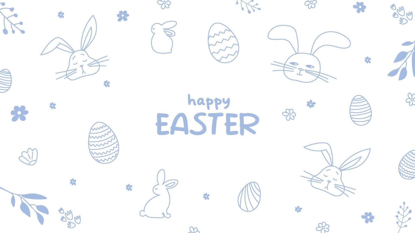 Happy Easter.Greeting card on the theme of the religious holiday.Horizontal banner with hand drawn bunnies,Easter eggs and flowers.Can be used for poster,invitation and preview.White background vector