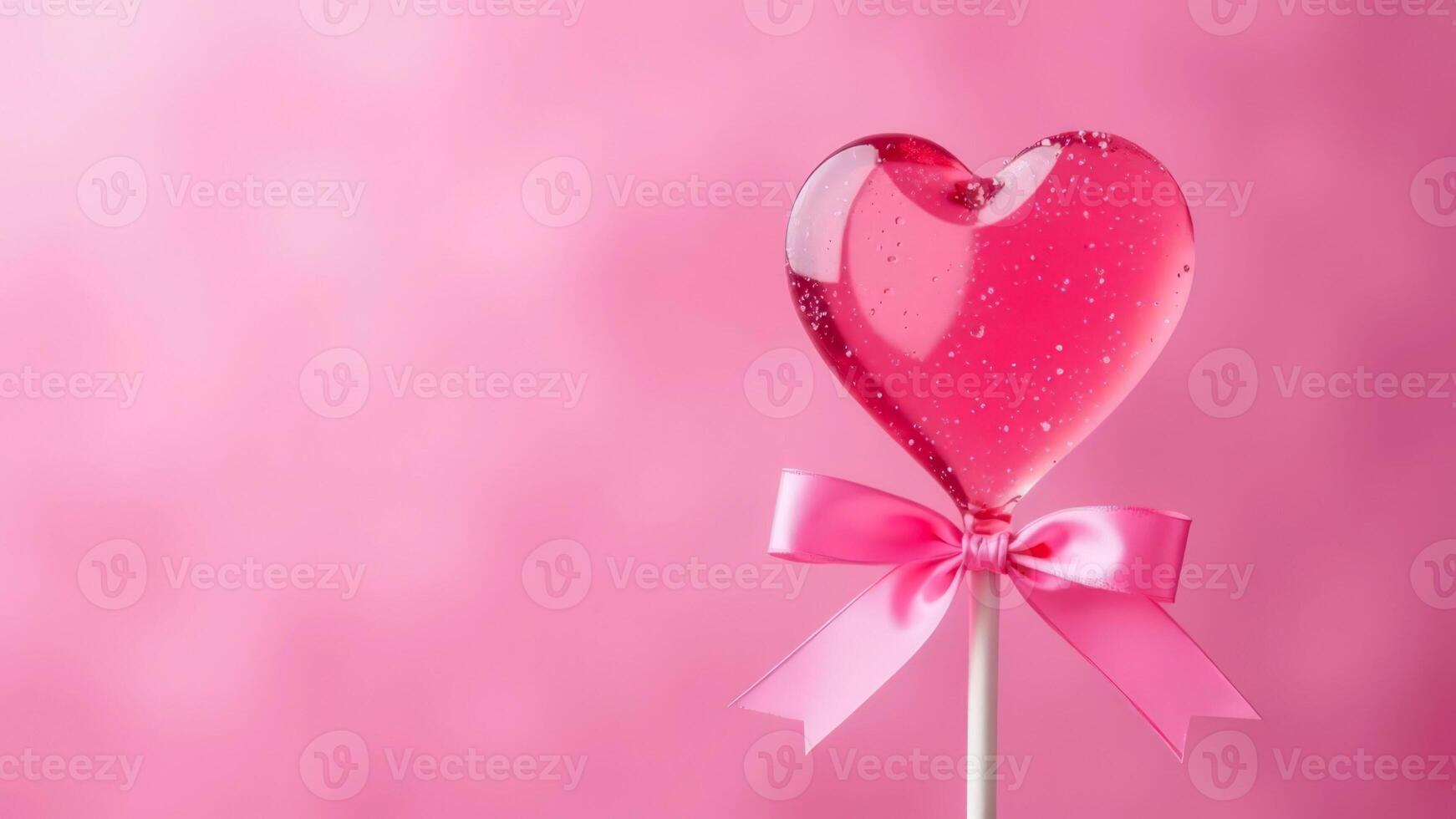 Heart-shaped lollipop with pink bow on pink background for Valentine's day celebration. Horizontal banner. Copy space photo